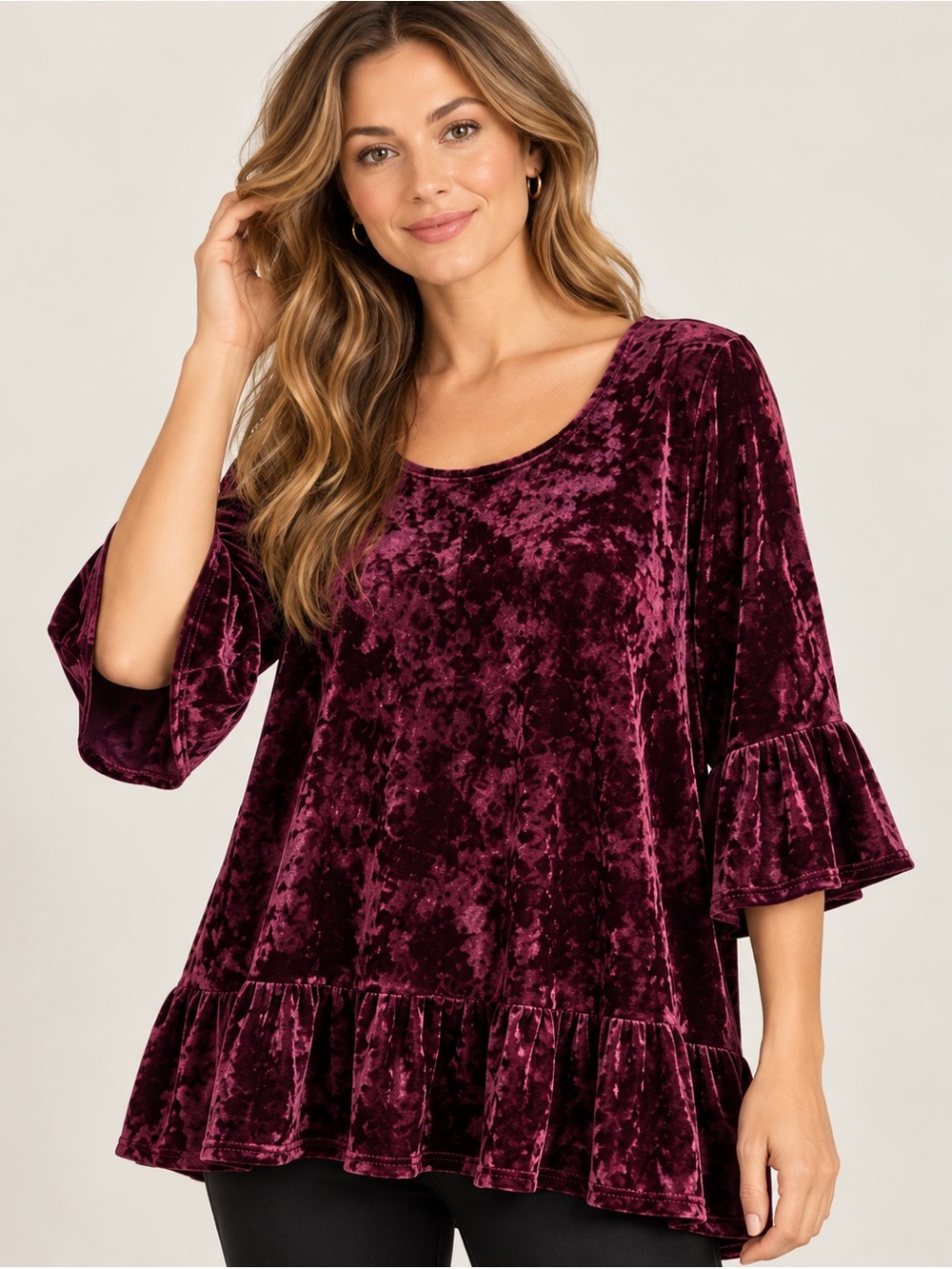 Chris & Carol Crushed Velvet Ruffle Tunic Top Burgundy, Size Large